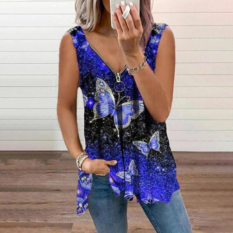 Plus Size Women Fashion V-Neck Zipper Sexy Loose T-Shirt Vest Summer Sleeveless Tops Female 220325