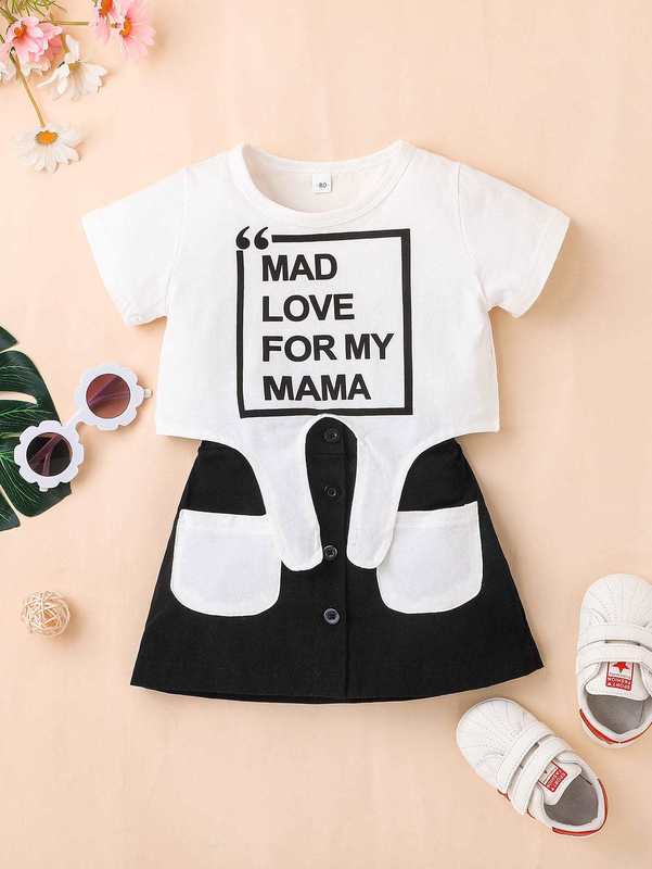 Toddler Girls Slogan Graphic Asymmetrical Hem Tee & Dual Pocket Skirt SHE