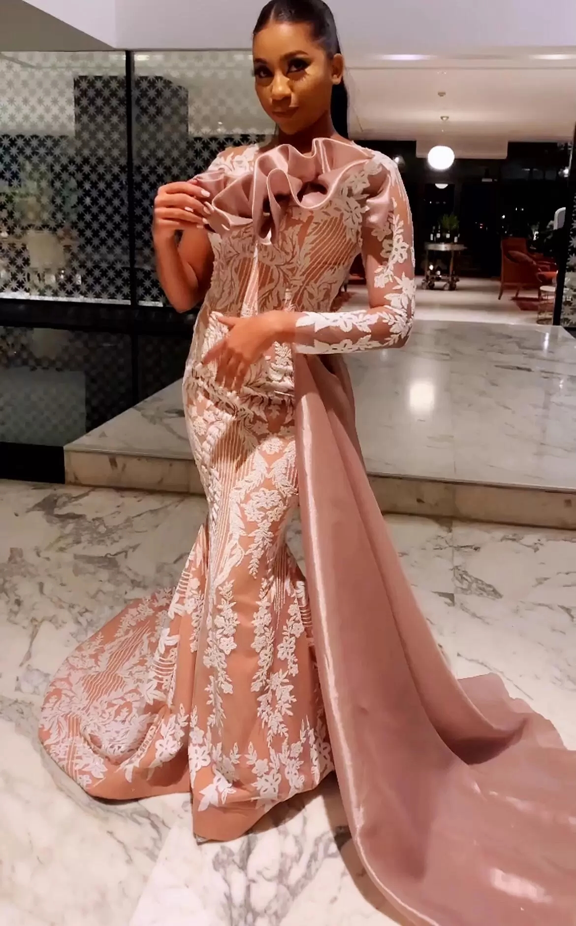 Arabic Aso Ebi Nude Pale Pink Prom Formal Dresses 2022 Sheer Neck Long Sleeve Mermaid Evening Formal Party Second Reception Birthday Engagement Gowns 