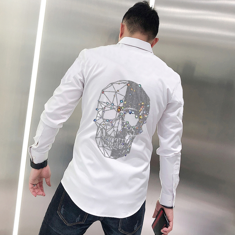 Loose Hip-Hop Style Men's Shirt Skull With Diamonds Shiny Personality Casual Bottoming Long Sleeves 220322