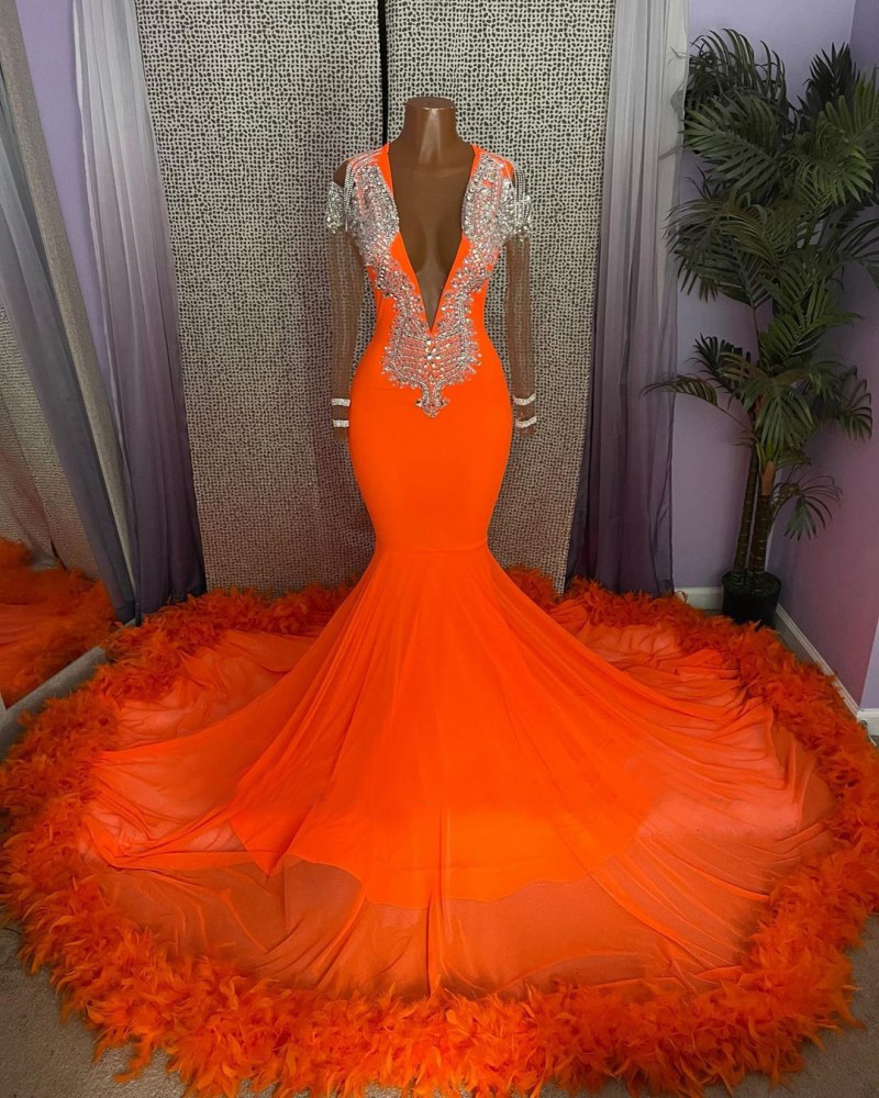 Black Girls Feathers Orange Prom Dresses For Women 2022 Beading Applique Evening Gowns Long Sleeves Guest Party Wear