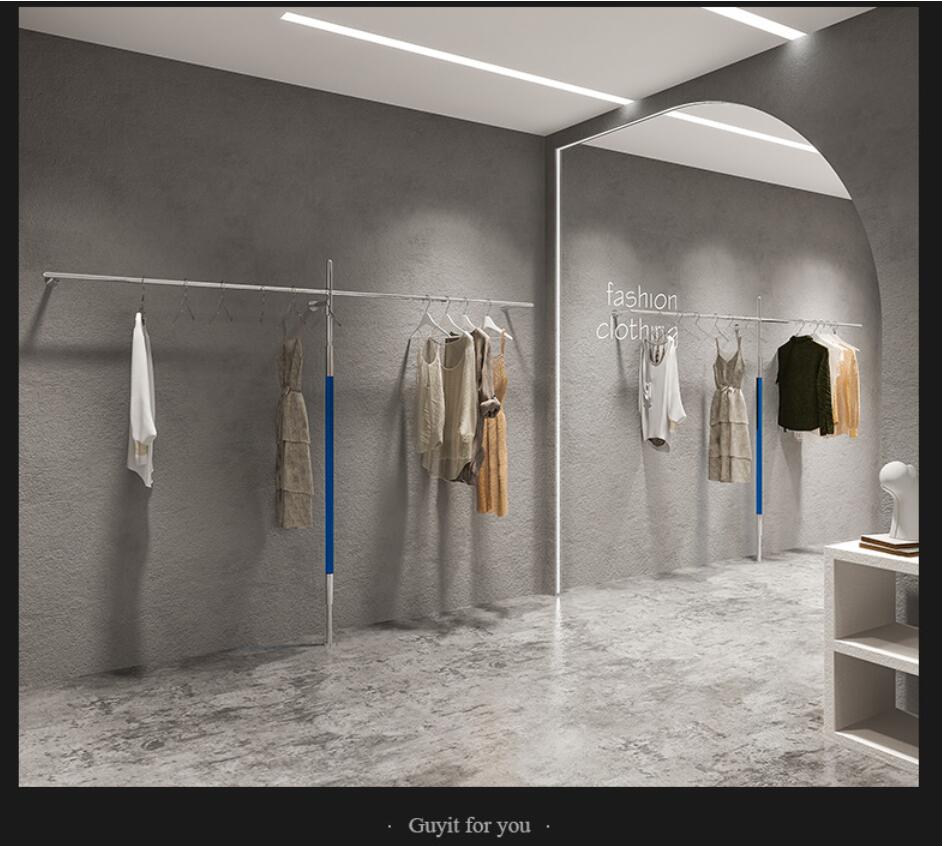 Clothing store display rack Commercial Furniture women's wear wall hanging racks stainless steel floor type blue acrylic show shelf