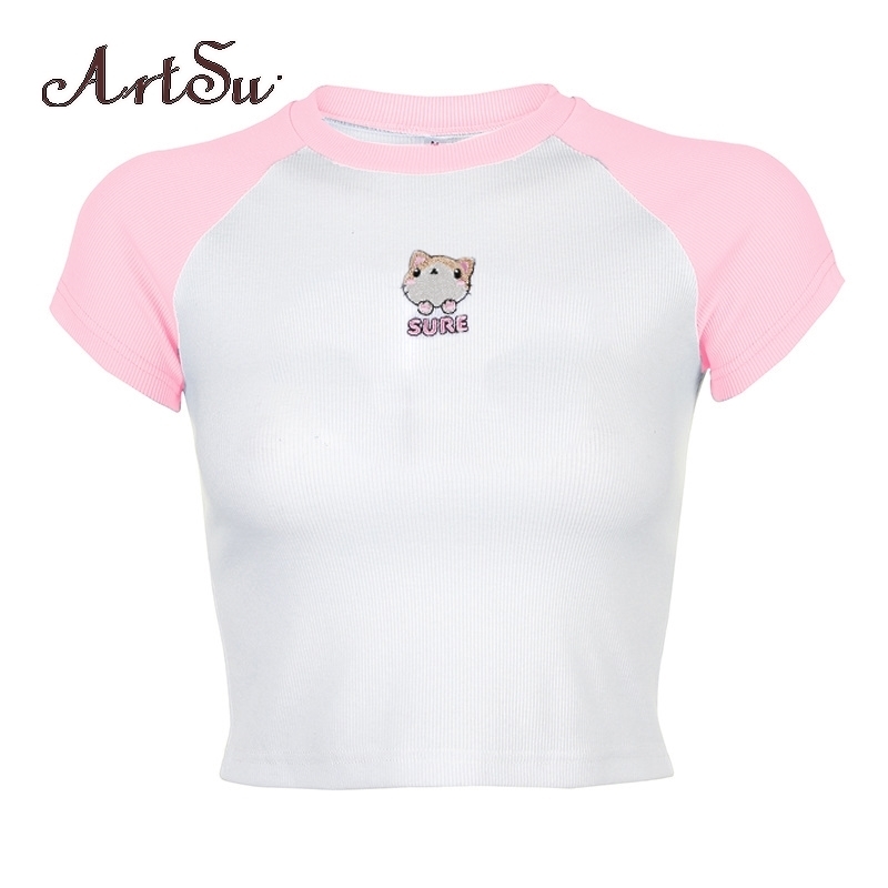 Artsu Streetwear Cartoon Embroidery Crop Top Patchwork Rib Knitted T Shirt Women Harajuku Long Sleeve Slim Basic Tee TS41677 220714