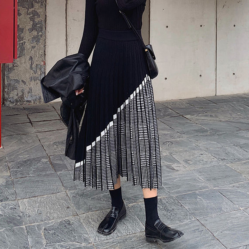 HOUZHOU Autumn Winter Houndstooth Knitted Long Skirts Women Vintage Black High Waist Midi Pleated Skirt Elegant Casual 220317