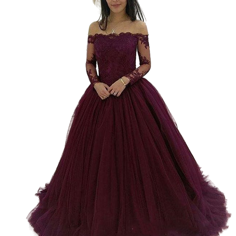 Elegant Burgundy Ball Gown Quinceanera Dresses Long Sleeves Tulle Formal Evening Gowns Off The Shoulder Sweet 16 Dress Vestidos 15 Prom Wear
