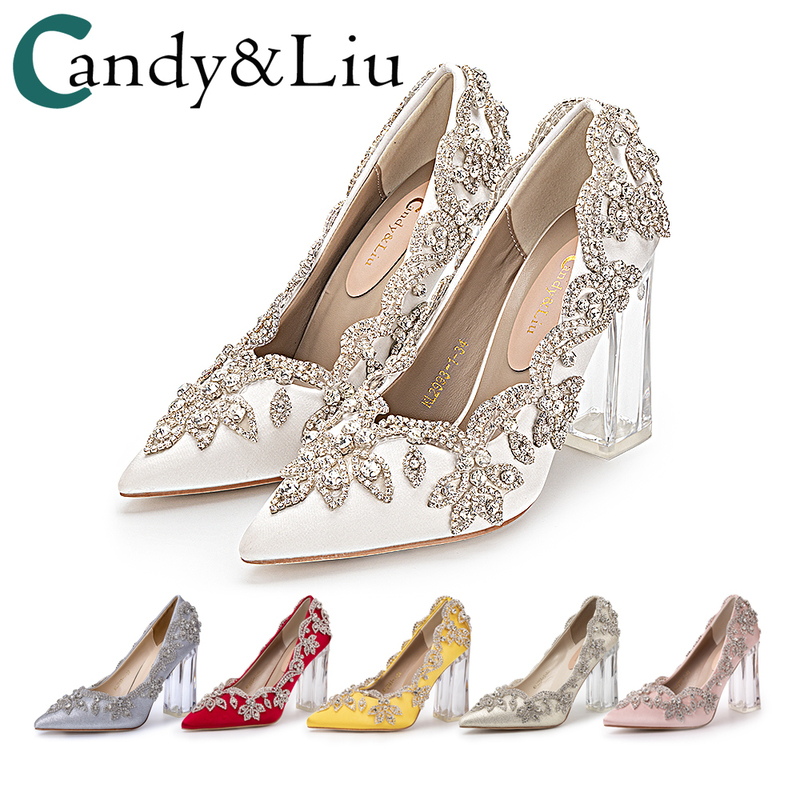 Wedding Shoes Bride Clear Heels Crystal Pumps Christmas Day Evening Party Luxury Queen Satin Silk 10cm Square Heel Plus Size 10 220328