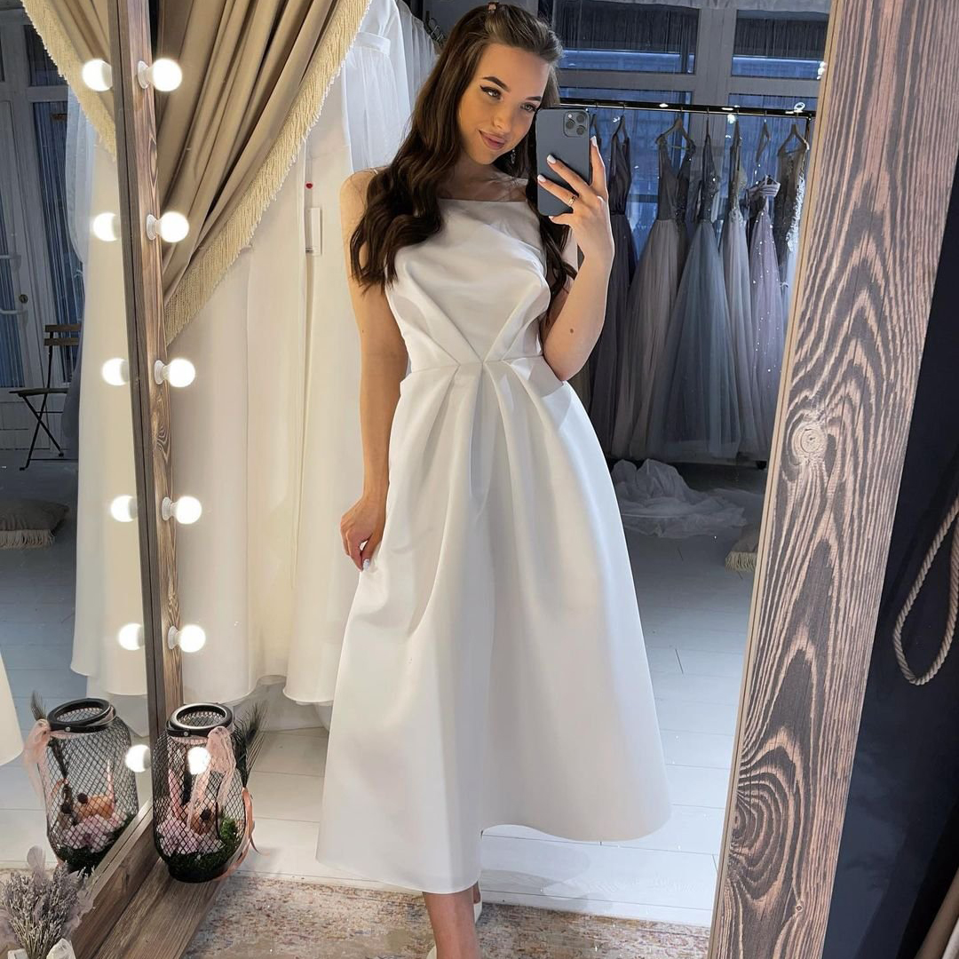 Sexy Wedding Dresses Spaghetti Straps Satin A-Line Bride Gowns 2022 Tea Length Simple Robe Mariage Vestidos De Noiva