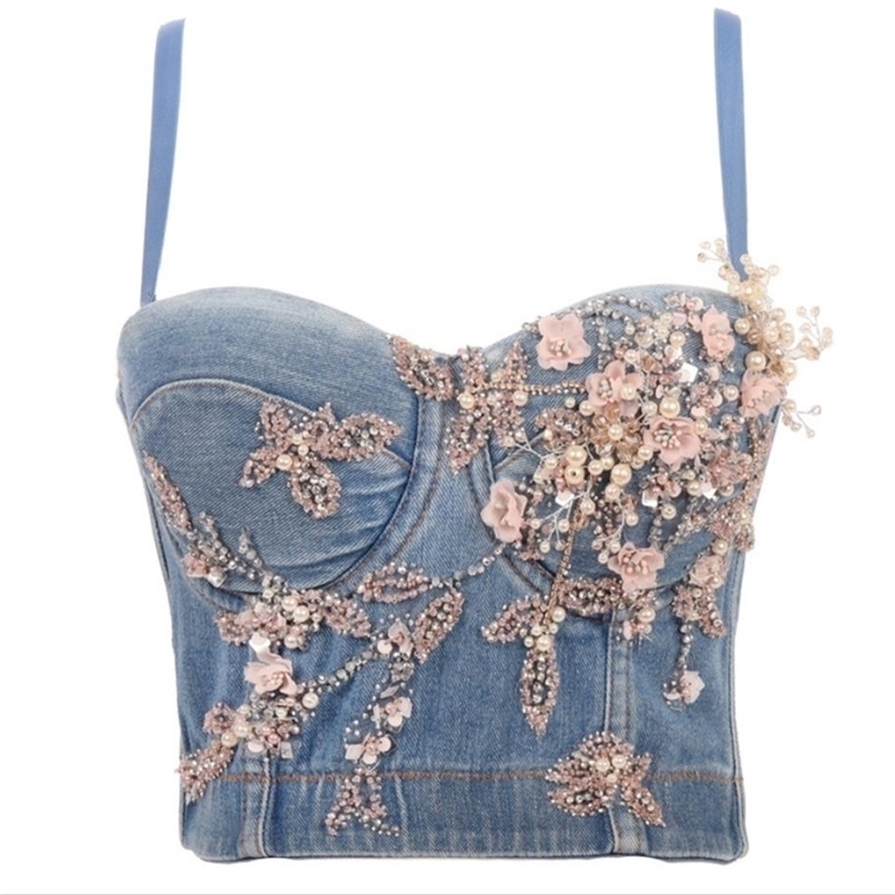 Flower beading Denim Jeans Scratched Women's Button Diamonds Ripped Push Up Bustier Night Club Party Crop Top Corset Camise 220325