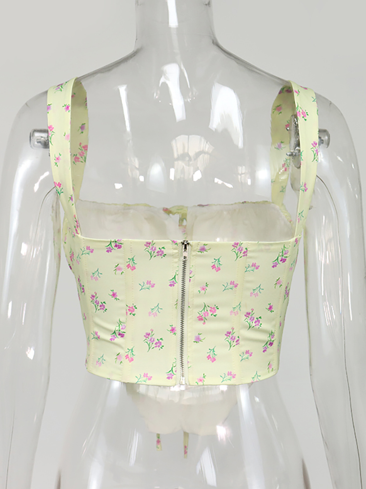 Asia Floral Corset Women Sweet Print Hollow Up Tie Sexy Crop Top Summer Sleeveless Ruched Boning Bustier Casual Tank 220316