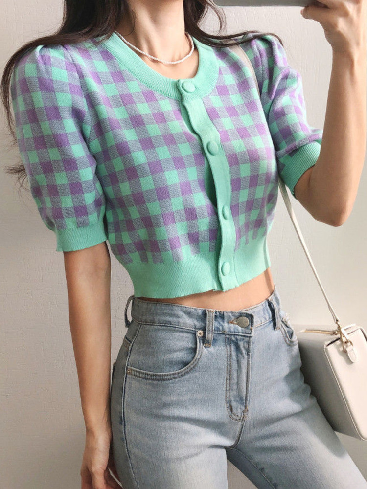 2022 Summer Puff Short-sleeved Thin Plaid Knitted Cropped Cardigan Women Korean Chic Single-breasted Knitwear Sweater, Green
2022 Summer Puff Short-sleeved Thin Plaid Knitted Cropped Cardigan Women Korean Chic Single-breasted Knitwear Sweater, Green