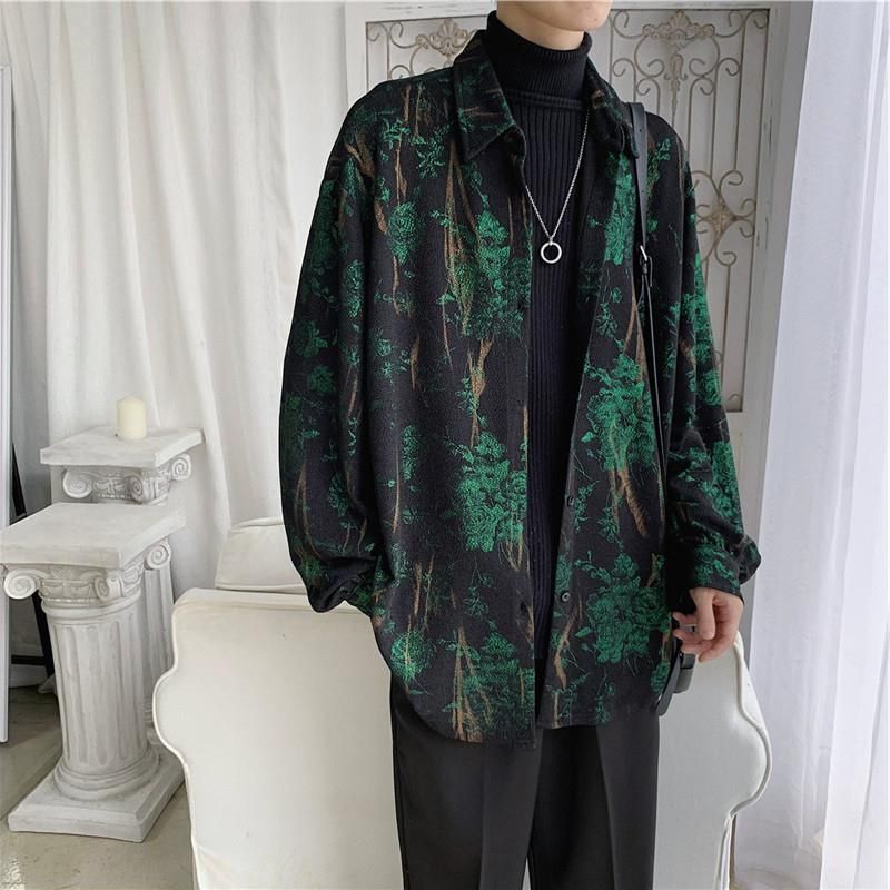 shirt men spring autumn retro Retro temperament rose printed long-sleeve shirts Korean fashion loose male casual oversized coat 220322