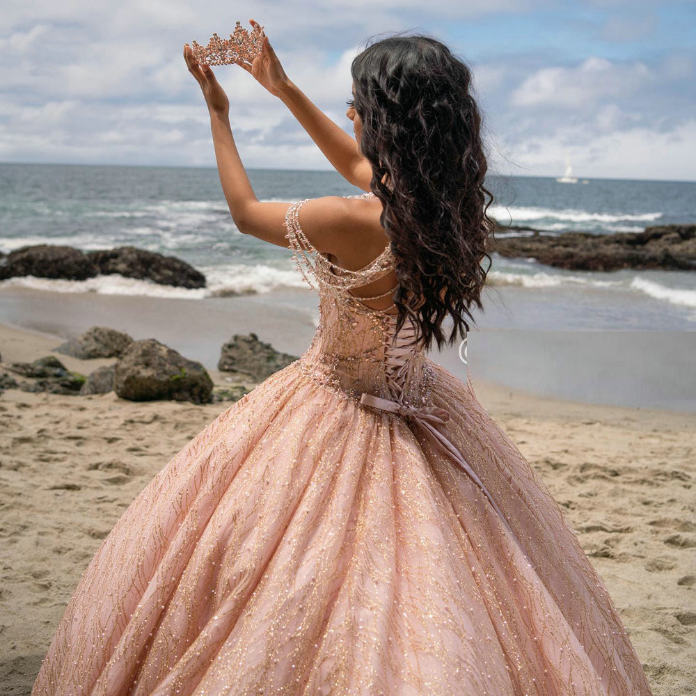 Rose Gold Crystal Beading princess Quinceanera Dresses Sparkly Off The Shoulder Lace Up corset Back prom Sweet 16 Dress Vestido De 15 Anos