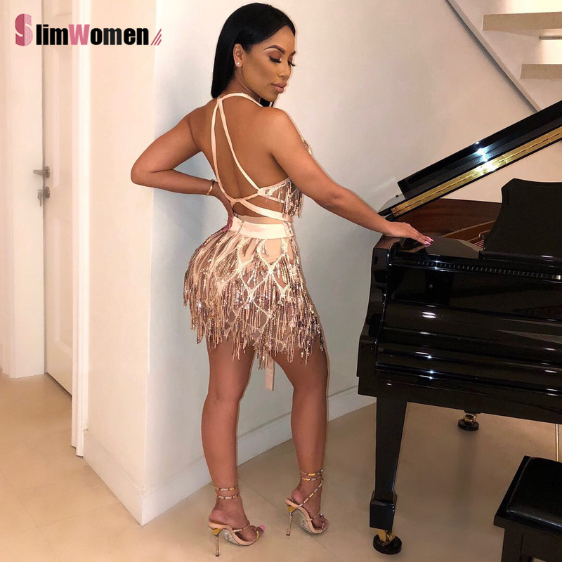 Nightclub Sparkle Backless Tassel Sequins Bodycon Dress Women Deep V Neck Robe Bandage Chirstmas Party Dresses Birthday Outfits 220510