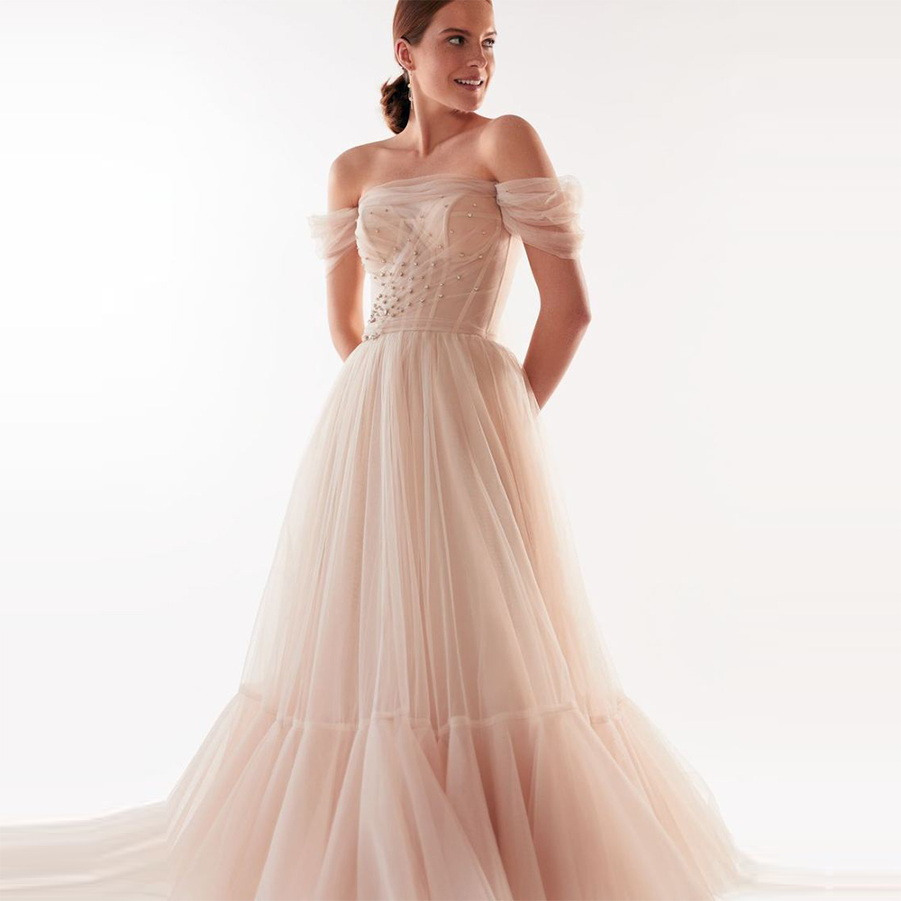 Light Pink A-line Prom Dresses Sexy Bateau Neck Lace Ruffles Off Shoulder Sequins Diamond High Waist Cap Sleeve Elegant Sweep Train Evening Formal Dre