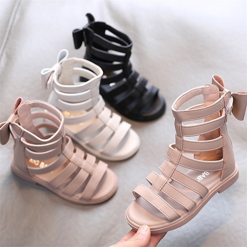 Girls Sandals Summer Kids Gladiator Sandals Boots Back Bow Roma Shoes Narrow Band Princess Shoes For Child Baby Black Begie 220621