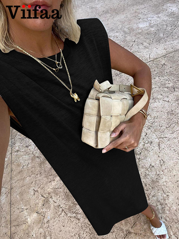 Viifaa Sleeveless Shoulder Pad Casual Black Elegant Long Dress Streetwear Women Loose Robe Split Back Summer Midi Dresses 220426