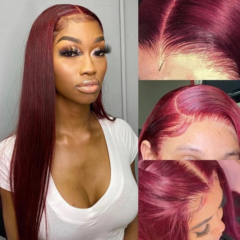 Red Burgundy 99j Bob Straight Lace Front Wig Colored Human Hair Wigs For Women Short Blunt Cut Pixie Preplucked Synthetic Wig