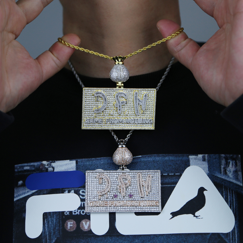 Iced Out Bling Letters with Money Bag Pendant Necklaces 2 Colors Full Paved Cubic Zircon Men's Hip Hop initial COME FROM NOTHING Jewelry Gifts