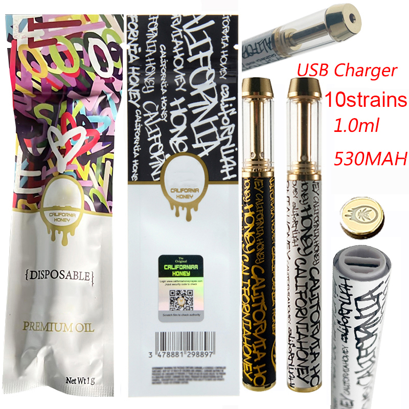 California Honey Disposable E cigarettes Rechargerable Vapes Pens 1.0ml Capacity 530mAh with Newest Colorful Packaging Bags CQ Stickers Empty Pen
California Honey Disposable E cigarettes Rechargerable Vapes Pens 1.0ml Capacity 530mAh with Newest Colorful Packaging Bags CQ Stickers Empty Pen