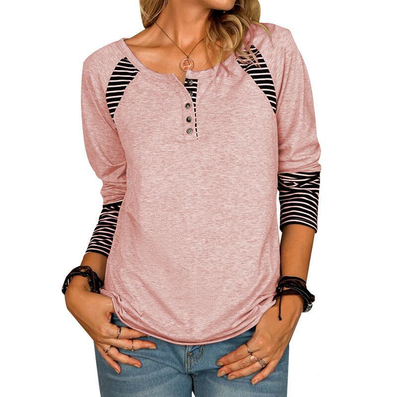 Autumn Striped Print T-shirt Women Casual Long Sleeve Round Neck Button Tee Tops Fashion Stitching Pullover Straight 220328