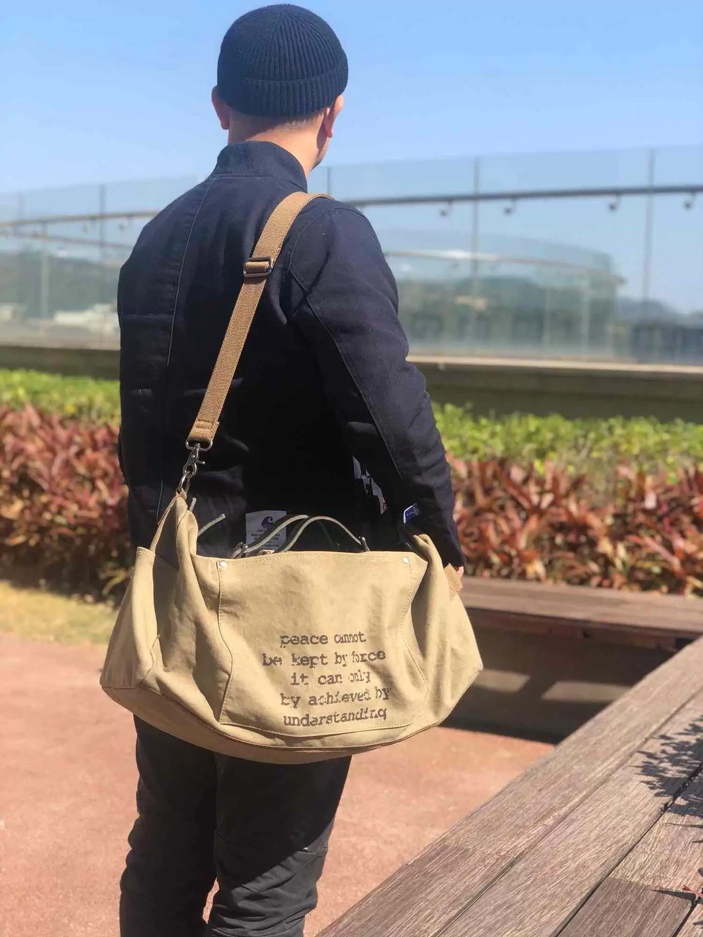 Suitcases Men's Msenger Ami Khaki Encrypted Canvas with Tree Cream Cowhide Travel Bag