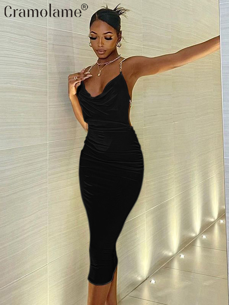 Sexy Backless Halter Bodycon Midi Dress Women Elegant White Ruched Bandage Party Evening Black Dresses Summer Club Outfits 220406