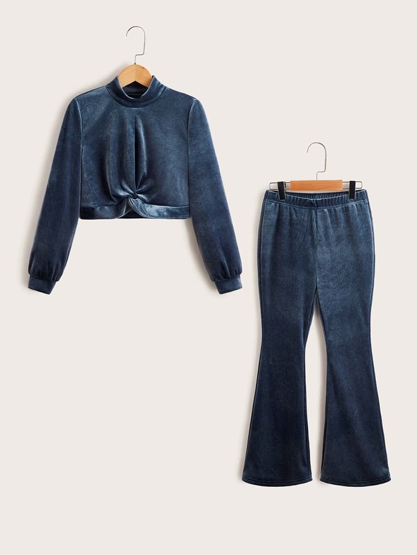 Girls Twist Hem Velvet Top & Flare Leg Pants SHE, Dusty blue