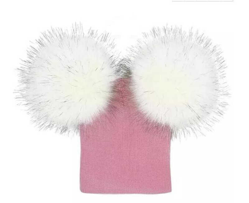 INS kids baby Double Fur Ball Beanie Knit Crochet boys girls Fur Pom Ski Cap Beanies Winter Warm Pom Hat Party students Hats caps