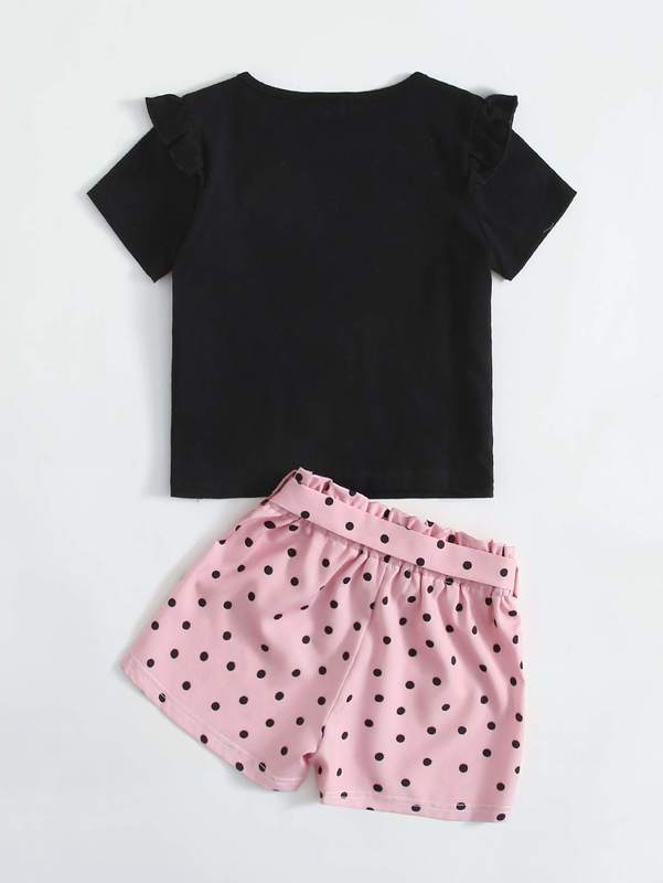 Toddler Girls Cartoon Graphic Tee With Paper Bag Waist Belted Shorts SHE