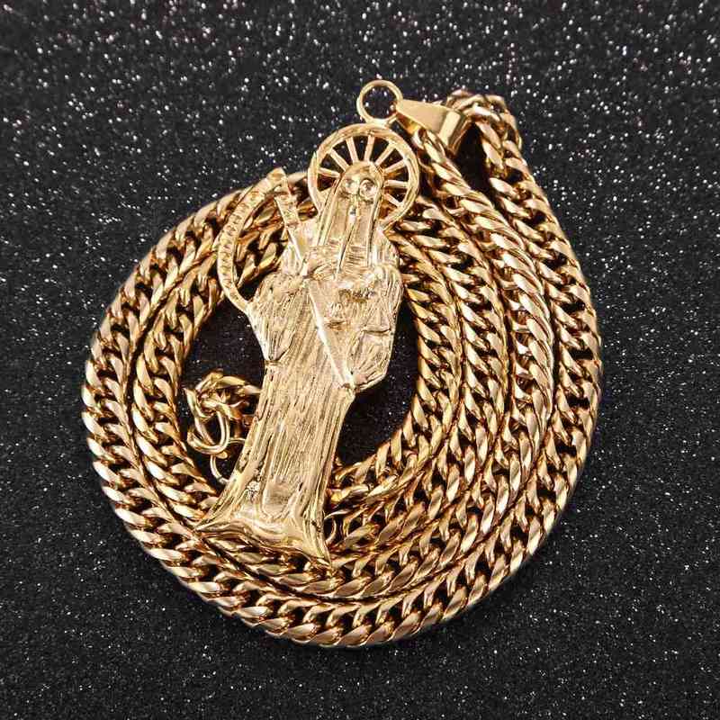 316L Stainless Steel Holy Saint Death Santa Muerte Pendant With 9MM Chain Men039s Necklace Gold Tone DIY Jewelry Making Gifts20