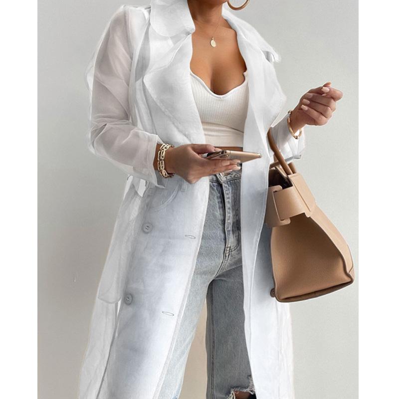Women039s Jackets Women Spring Summer See Through Outdoor Long Coat Sheer Mesh Full Sleeve Buttoned With BeltWomen039s