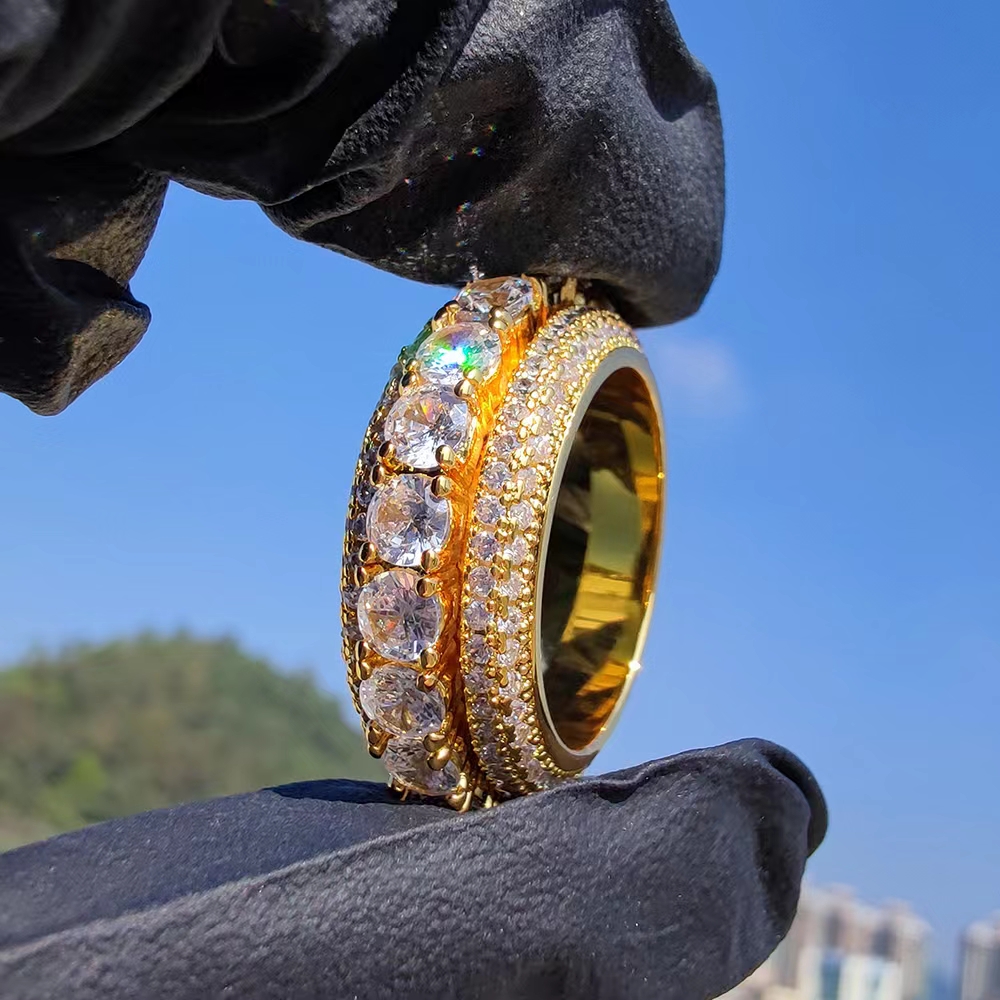 Popular Five-row Zircon Rotating Ring with Side Stones Rotatable Hip Hop Men's Finger Jewelry