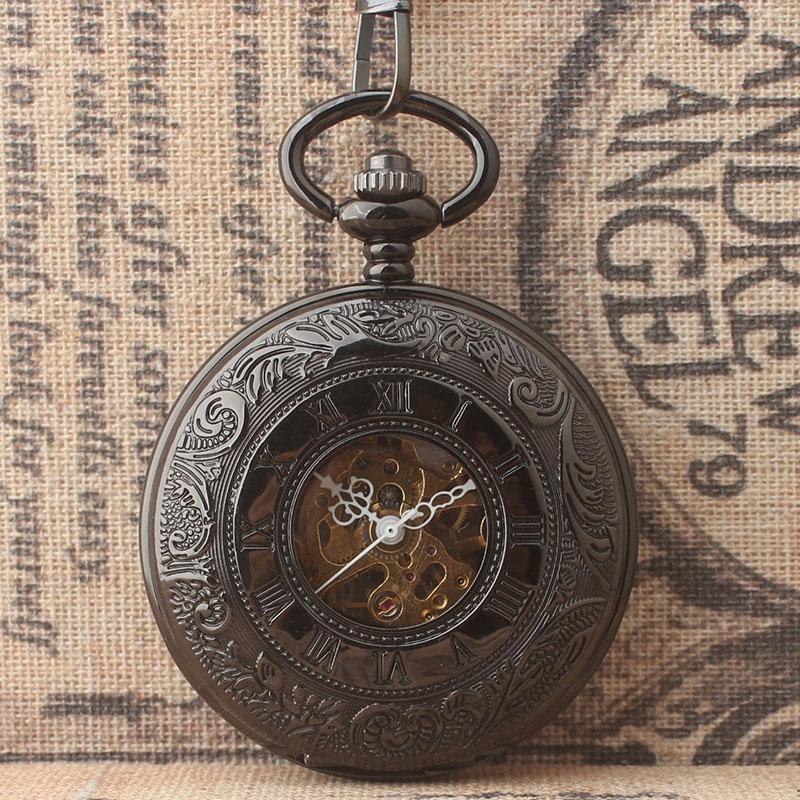 Pocket Watches Steampunk Black Skeleton Mechanical Watch Roman Dial Flip Women Men With Chain 10pcs/lot, As pic
Pocket Watches Steampunk Black Skeleton Mechanical Watch Roman Dial Flip Women Men With Chain 10pcs/lot, As pic