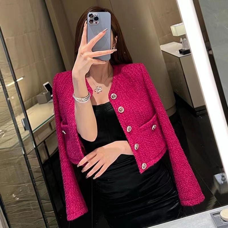 B129 2022SS Elegant Women Wear occasions Vintage New Women High Quality Shoulder Pads tweed Cropped jacket Female Chic Casual Coat