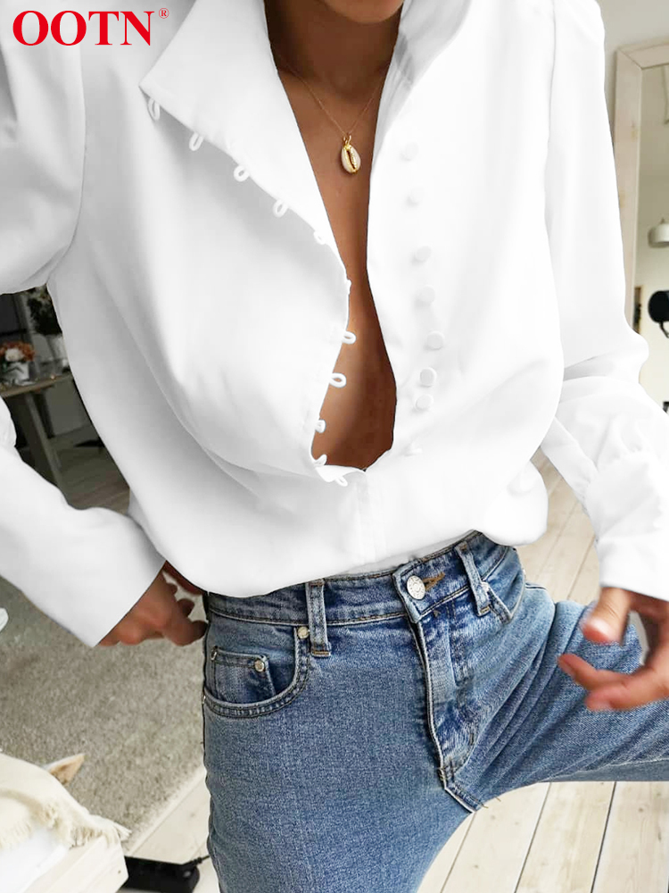 OOTN Elegant Turtleneck Blouse Long Sleeve White Shirt Office Ladies Tops Casual Single-Breasted Puff Sleeve Women Blouse 220407