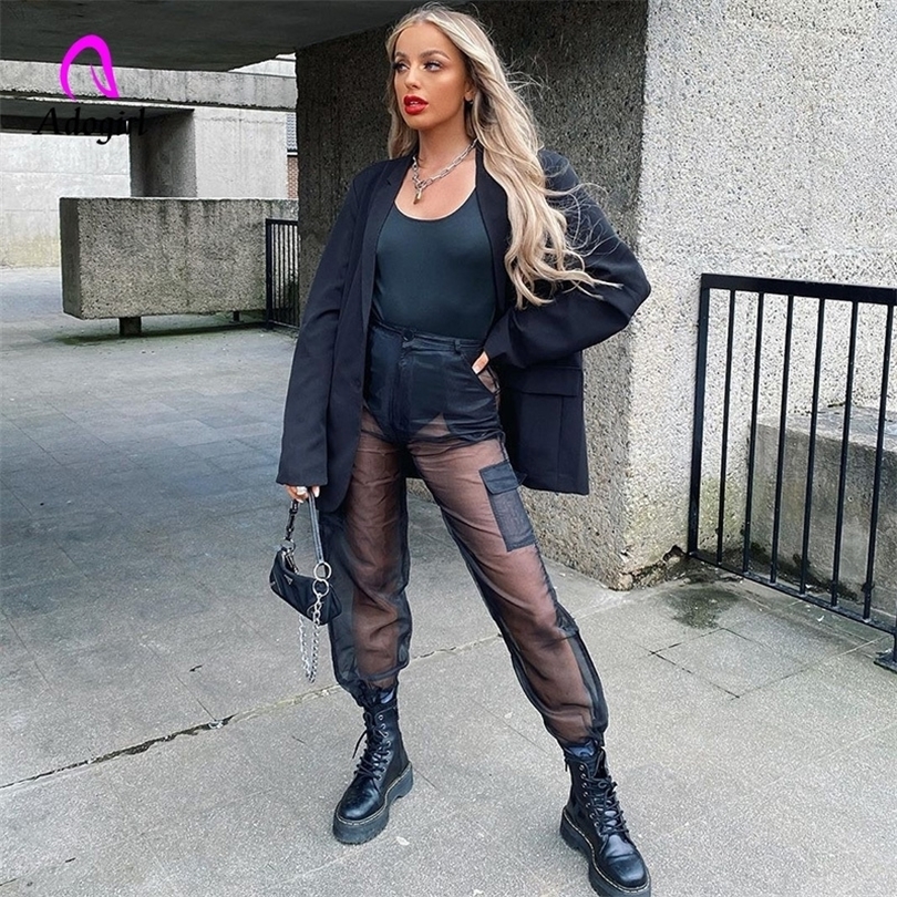 Harajuku Mesh Seethrough Hight Waist Cargo Pants Patchwork Sweatpants Black Fashion Summe Women Transparent New Loose Trousers T200606