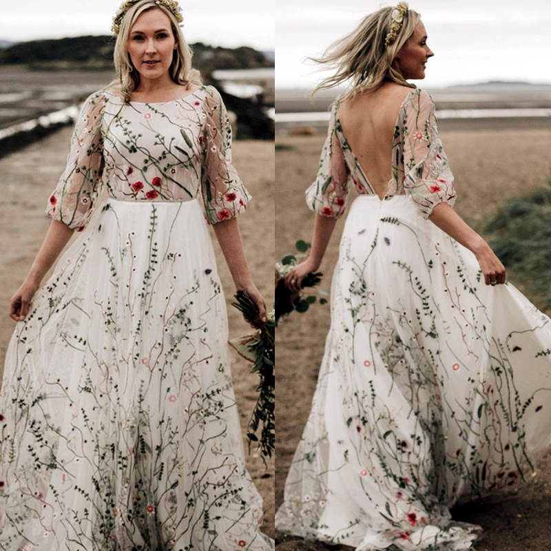 Summer Country A e Wedding Dress Colorful Embroidery Boho Beach Bridal Gowns Half Sleeve Sexy Backless Long White Tulle Bride Dresses