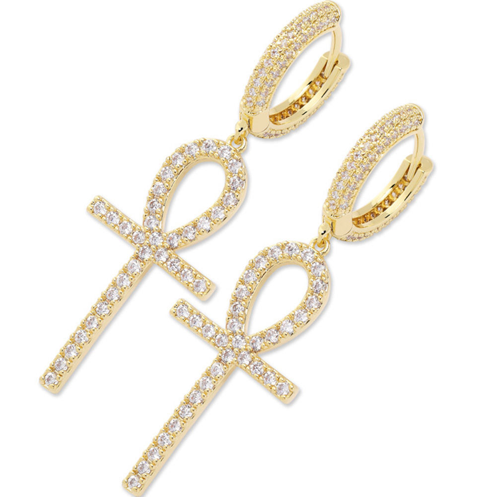 Hip Hop TopBling Cross Drop Earrings Full White Zircon Dangle Earrings Platinum Plated Jewelry