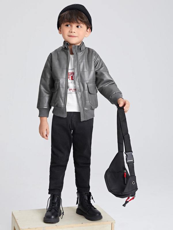 Toddler Boys Zip Up Flap Pocket PU Leather Jacket SHE