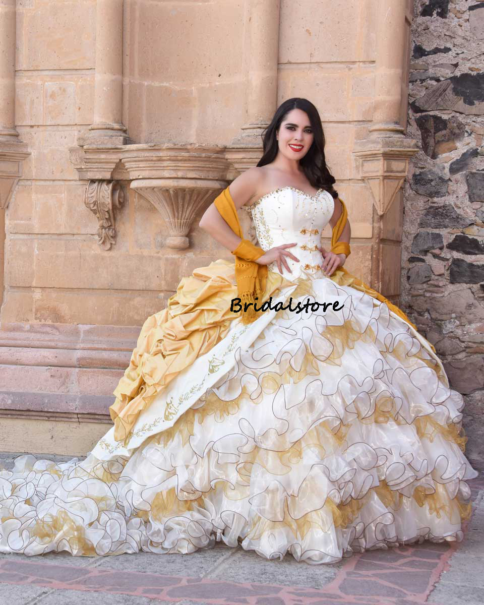 Luxury White With Gold Quinceanera Dresses Charro Tiered Ruffle Mexican Sweet 16 Years Old Birthday Party Gowns Dance Prom Wear Vestido De 15 Anos 202