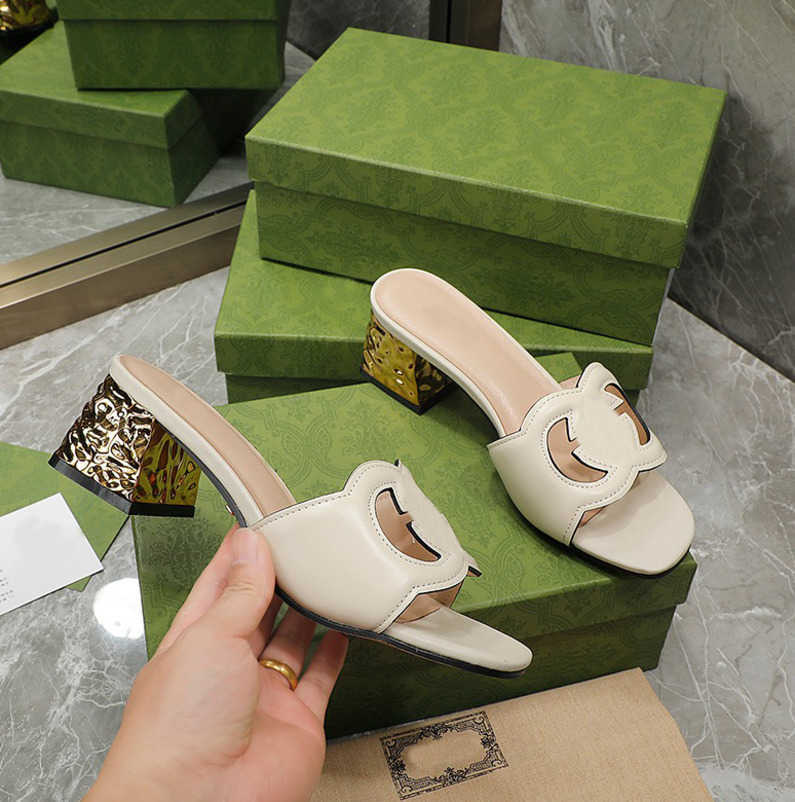 Women Interlocking Sandal High-quality Real Leather Slippers G Cut-out Slide Calf Leather Sexy Ladies Fashion Cutout Wear Shoes