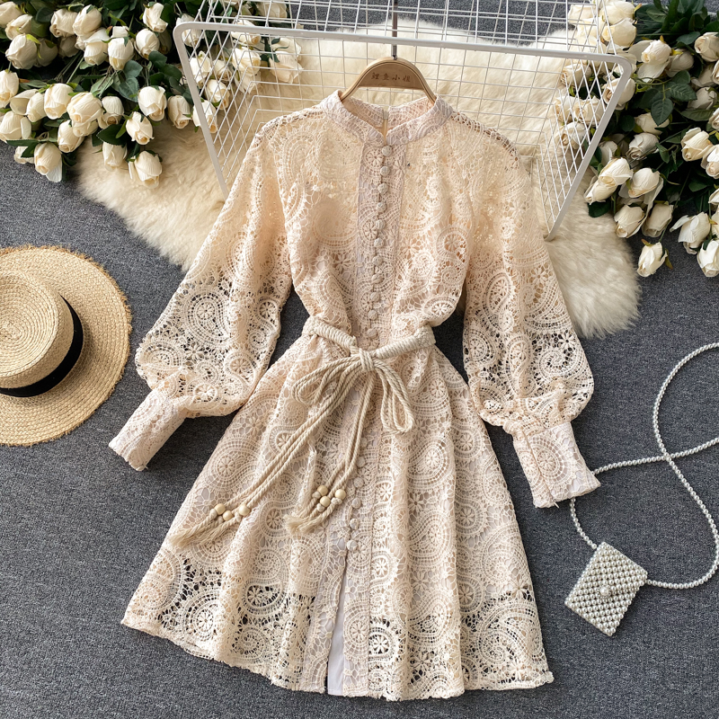 Runway Designer Vintage Mini Hollow Out Embroidery Stand Collar Lantern Sleeve Bow Sashes Lace Up Party Dress