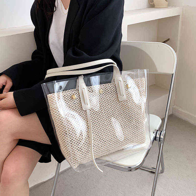 Beach Bags Large Capacity Women's Bag Summer Pvc Transparent Plastic Leisure Shoulder Simple Temperament Straw 220301