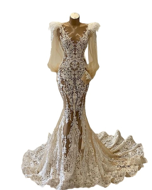 Champagne Mermaid Long Sleeve Wedding Dresses 2022 Real Work Feather Applique Lace-up Corset Sweep Train Bridal Gown Vestido