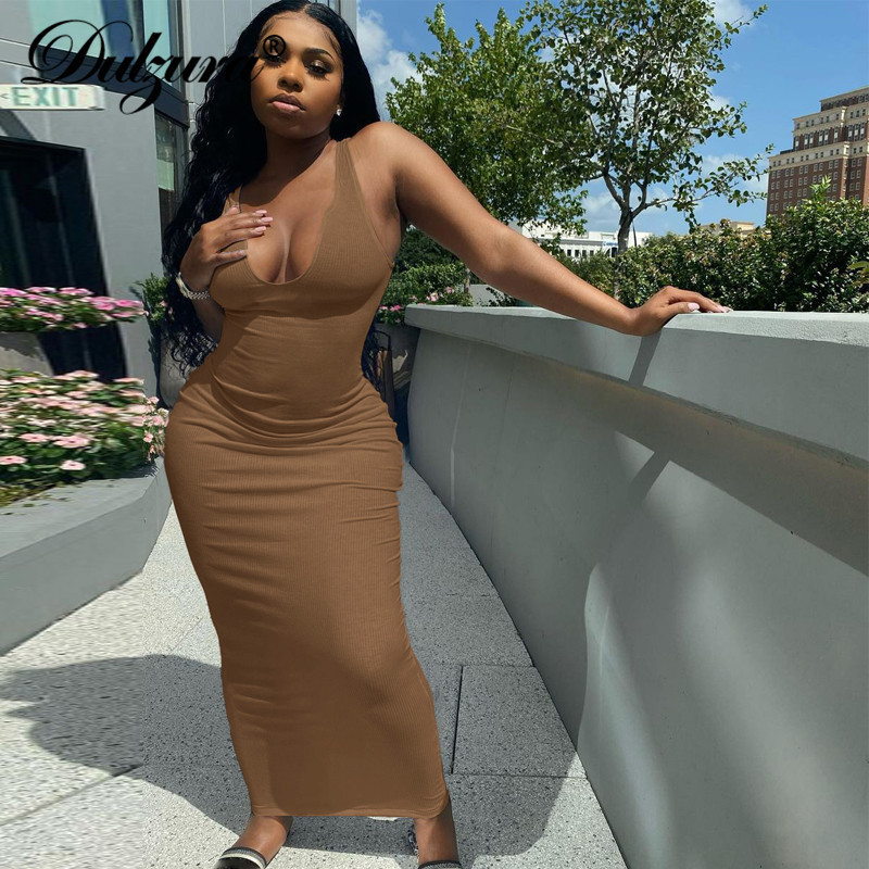 Dulzura Ribbed Knitted Stripe Women Pure Sleeveless Midi Dress V Neck Bodycon Sexy Streetwear Party Club Elegant Summer 220707