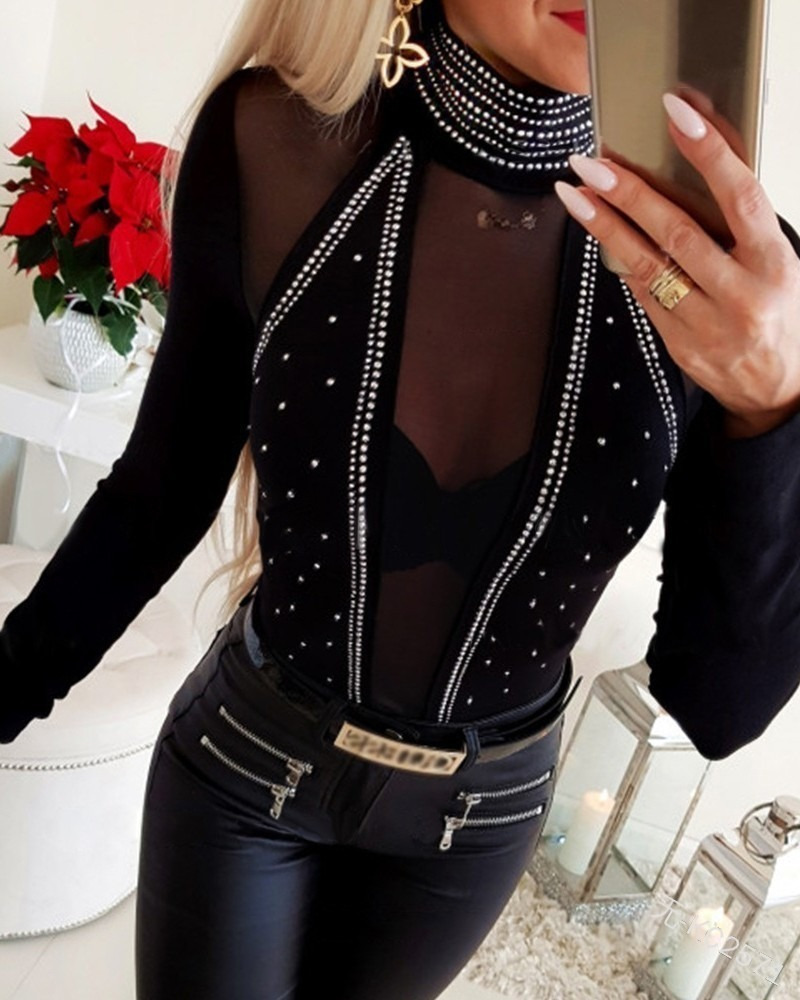 Blouse Women Skinny Black Turtleneck Top Studded Sheer Mesh Long Sleeve Blouses Sexy Bodycon Ladies Tee Shirts fashion 220318
