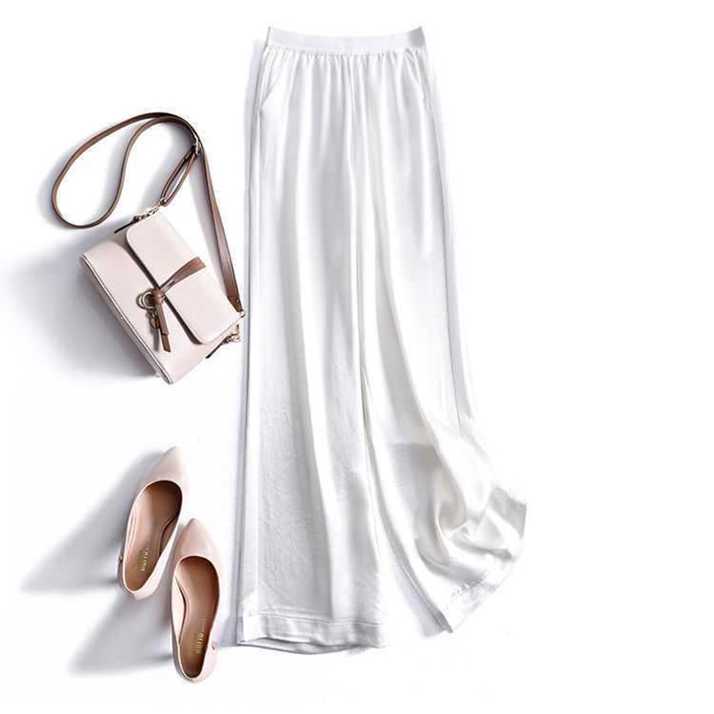 Women Summer satin wide leg pants casual large size loose high waist solid Trousers female Korean elegant straight 220325