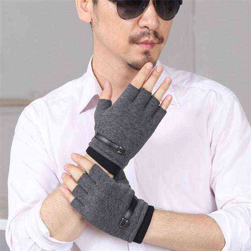 Five Fingers Gloves Fingerless Men Driving Suede Leather Black Grey Half Finger Elastic Outdoor Bike Mittens Winter Warm T220815