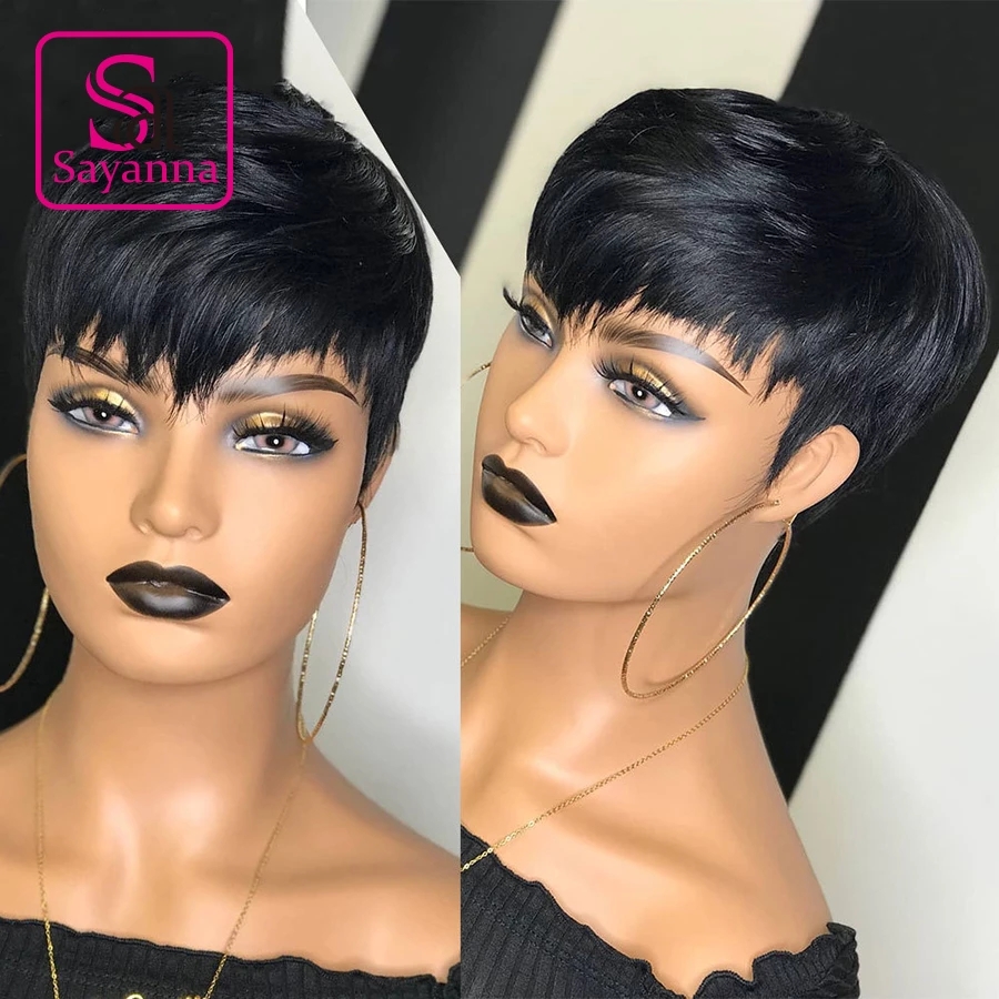 Short Bob Wavy Wig With Bangs Full Machine No Lace Wigs For Women Brazilian Straight Ombre Burgundy Human Hair Pixie Cut Wig