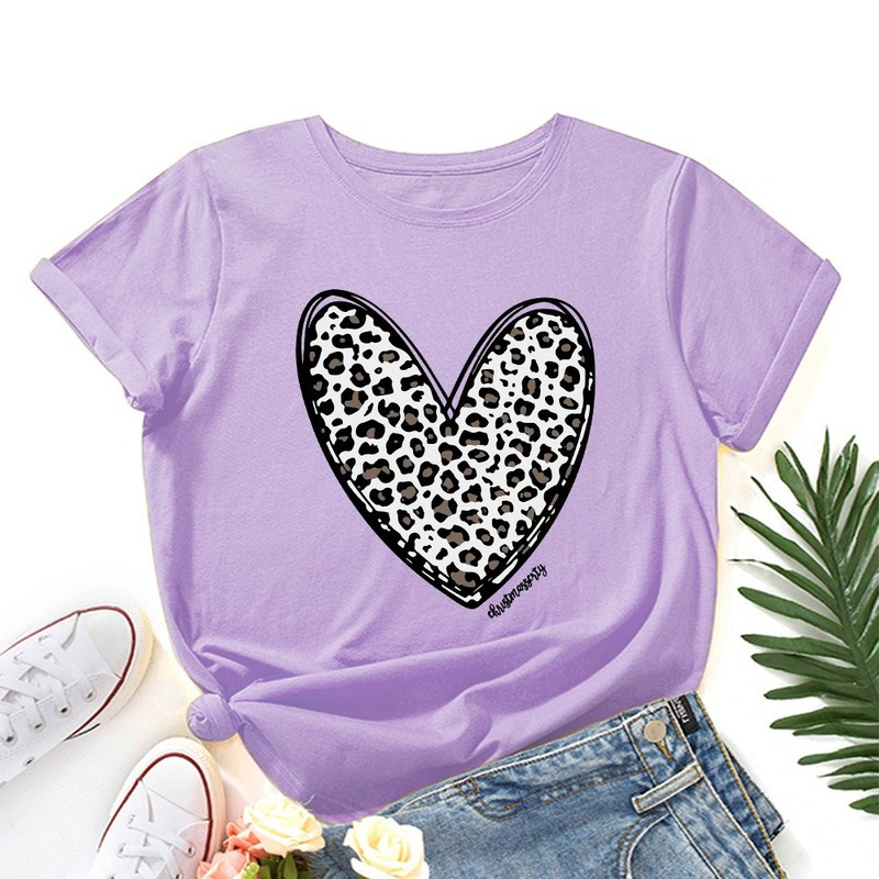 Summer Women Cotton 100% T Shirts Short Sleeve Fashion Heart Leopard Print Ladies Casual Graphic Clothes Female Regular Tee Tops 220321